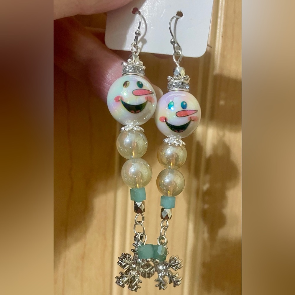 Snowman Beaded Earrings with Silver Snowflake Charms - Picture 3 of 5